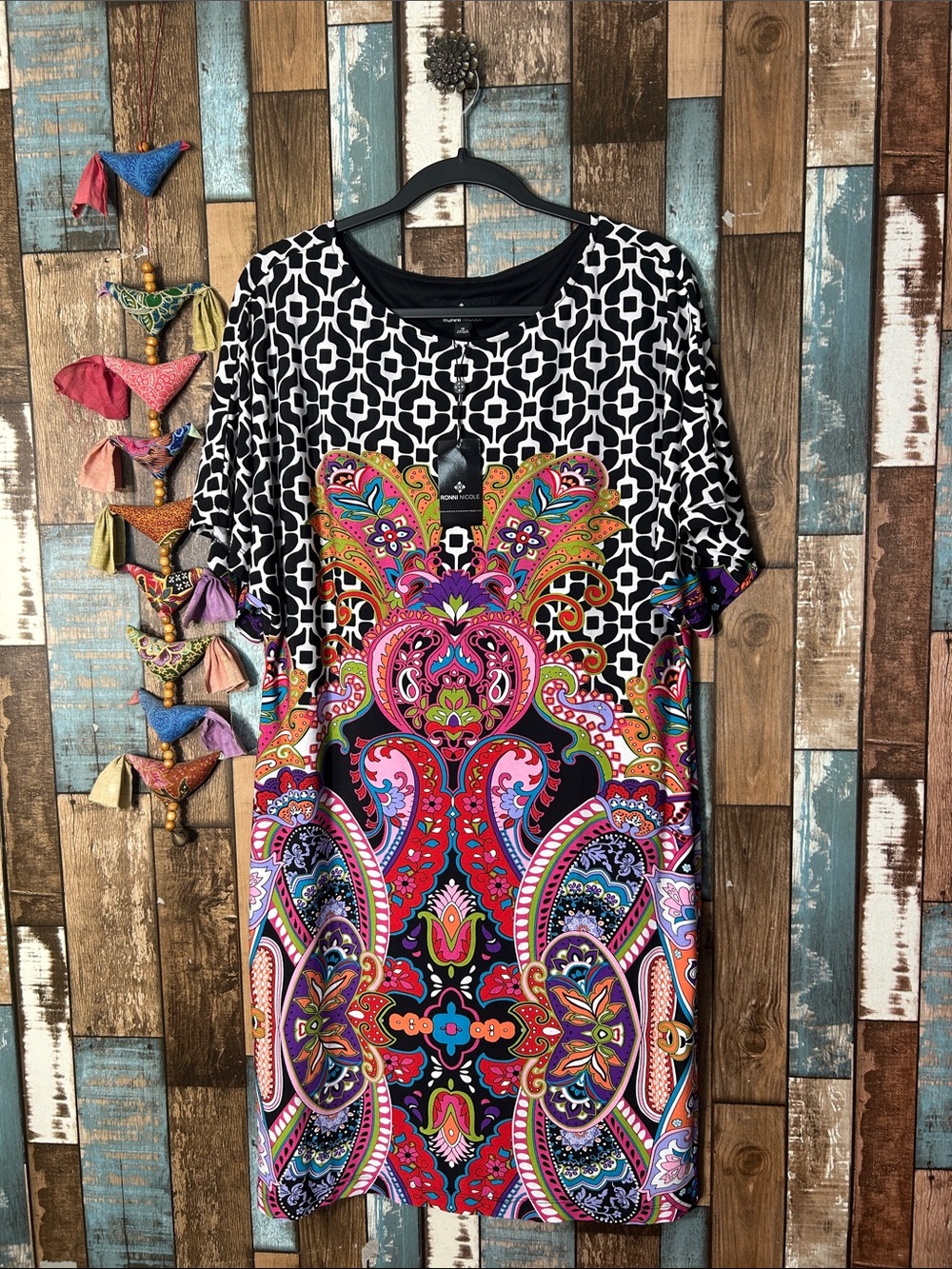 Ronni Nicole Black Multi Paisley & Geometric Shift Tunic